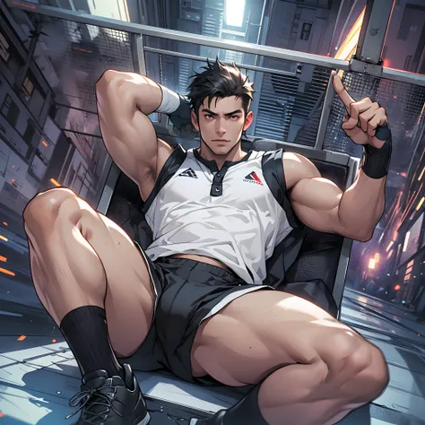 Libido boy，Tong，large pecs，Big bag，Wear white basketball socks，Half recumbent，CG sense，POV perspective，spread their legs，Dark atmosphere，8K,Cinematic lighting effects，Textured skin，best qualtiy，Storytelling images，Storytelling images，dynamic blur，actionpos...