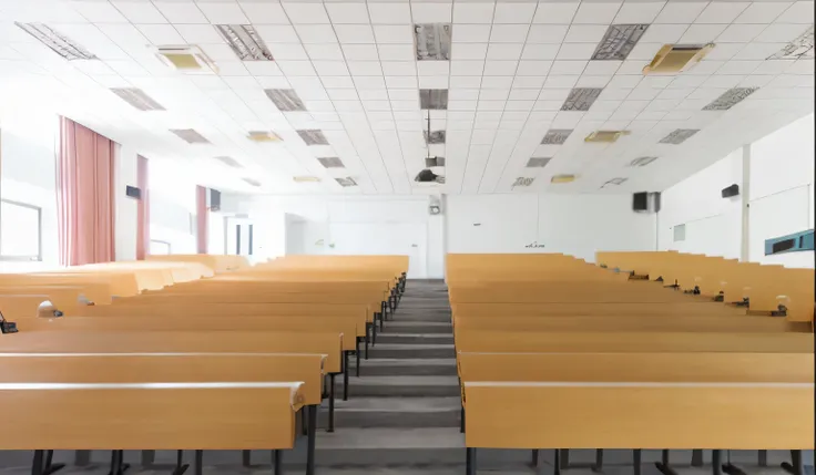 There were a lot of wooden chairs in the room，Clock on the wall, Photos of the classroom, lecture halls and gambling dens, Sitting in the classroom, Classroom, Vast and empty hall, School Classroom, classroom in background, completely empty, in a large hal...