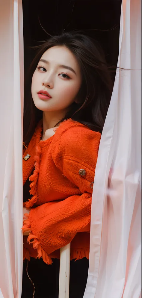 The long-haired woman leaned against the railing，With his eyes closed, bae suzy, On a sunny day, krystal, portrait jisoo blackpink, hot with shining sun, girl wears a red dress, shot at golden hour, Wearing a red cheongsam, Portrait shooting, photoshoot, A...