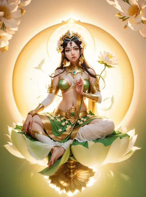 Drawing a green-skinned woman sitting on a lotus flower，Pink lotus，There is a halo on the top of the head,((Best Quality)), ((masutepiece)), (High Definition:1.3), 。.。.3D, Beautiful , nffsw (HighDynamicRange), Ray tracing, NVIDIA RTX, Super Resolution, Unr...