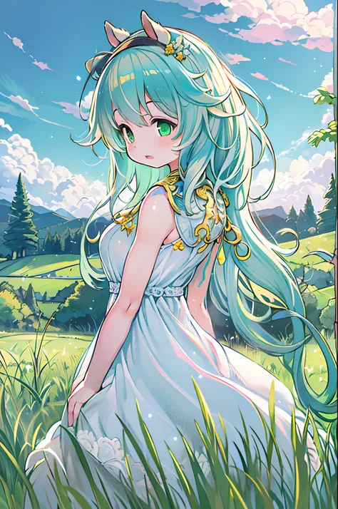 ((masutepiece, Best Quality)),(Illustration),(detailedlight),((extremely delicate and beautiful)),1girl in,Godolphin Arabic,Long hair,Blue hair,Green eyes,Horse ears,Horse Girl,hair_ornament detached,White Dress, Bare shoulders, ,Sleeveless,evening gown,lo...