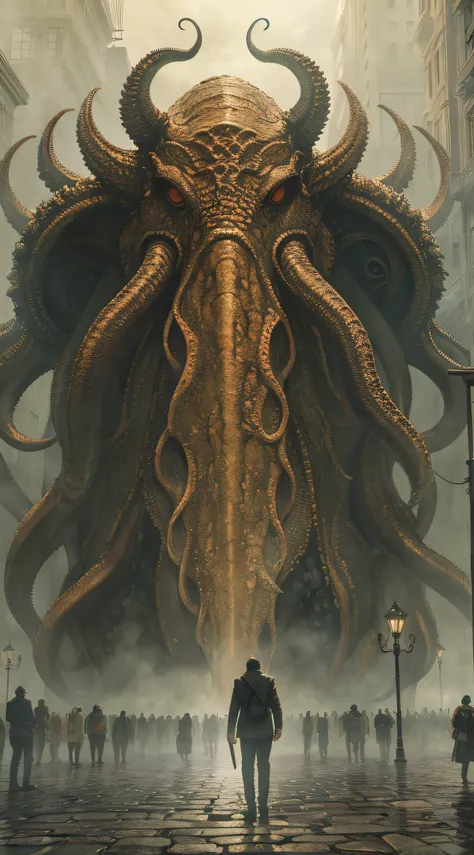 Cthulhu style, In the haze, A huge body in the distance, Reddened eyes, Looking at several people on the ground, Surrealism, UHD, masterpiece, super detail, textured skin, high details, high quality, best quality, highres --auto --s2