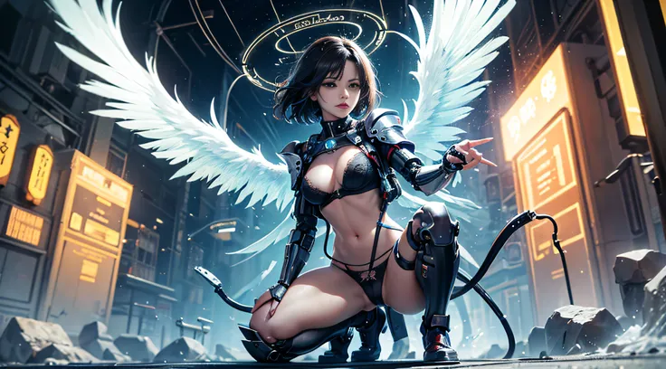 (((独奏、SF、Female Android、Combat suit、arma、Multiple Giant Wings of Light、Neck of the machine、Mechanical chest、Flesh-and-blood breasts、Upper abdomen of the machine、Mechanical shoulder、Mechanical joints、full bodyesbian、Wires and cables attached to the neck、Hea...