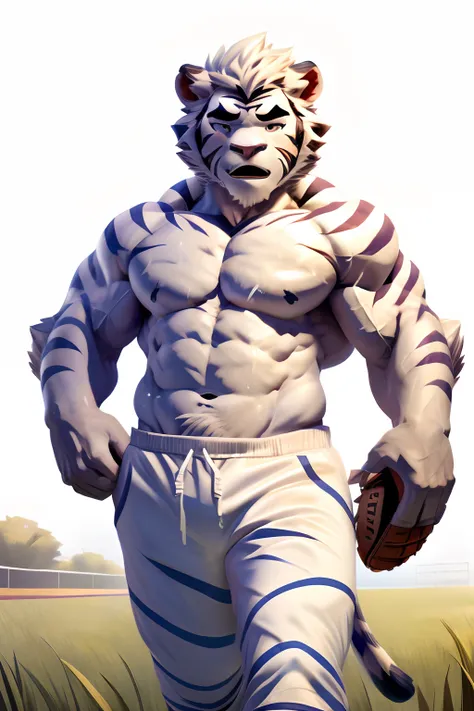 Hominidae, Pose for Camera. 4K, high resolution, Best quality, posted on e621, (Two anthropomorphic white tigers:1.2), Anthropomorphic white tiger, male people, 20yr old, Thick eyebrows, Light blue stripes, Ultra-short hair, shaggy, Strong body, large pecs...