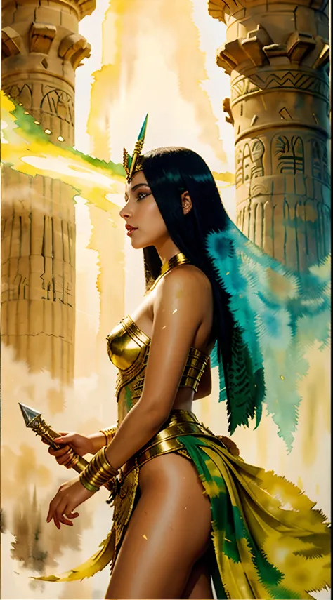 A highly detailed illustration of Egypts last pharaoh Cleopatra, (best quality), (masterpiece),(ultra-detailed:1.2),(photorealistic:1.4),(highres),reflection,low angle, sword reflection,pharaoh crown on top, long hair,glowing eyes,green eyes,(half closed e...