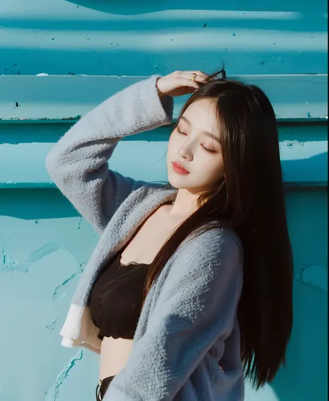 The long-haired woman leaned against the railing，With his eyes closed, bae suzy, On a sunny day, krystal, portrait jisoo blackpink, hot with shining sun, girl wears a red dress, shot at golden hour, Wearing a red cheongsam, Portrait shooting, photoshoot, A...