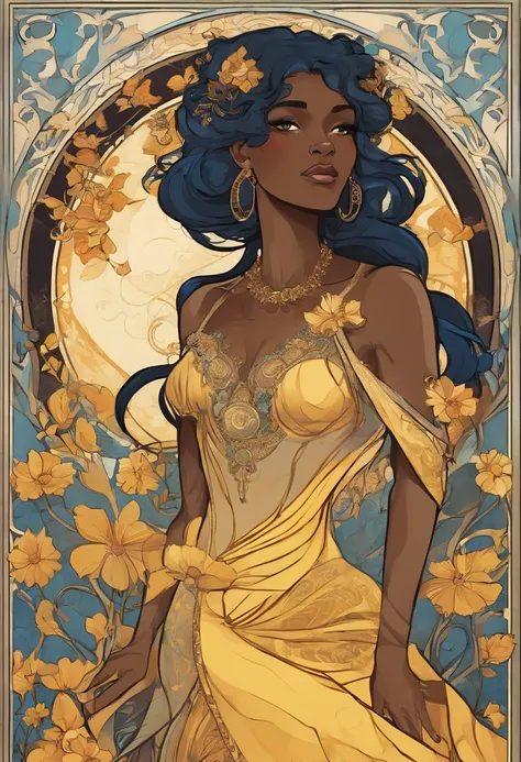 Woman, ((dark skin)), elf, tall, curvy, black hair, short hair, yellow eyes, blue dress, in the style of Alphonse Mucha