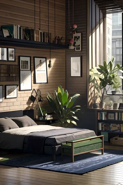 bookshelf, parrot, indoors, plant, potted plant_plant, window, day, pillows, boken, no_the human, bed, the table, sunlight, drap...