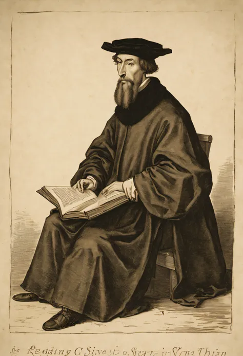 john calvin, reading a book in a square, estilo da roupa anos 1500, serious look,olhando para o espectador