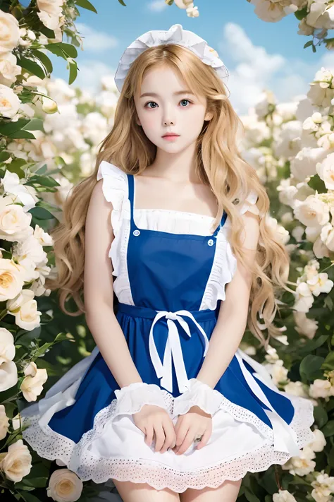 best quality, ultra highres, photoreaslistic, a photography of a cute girl, detailed face, (PureErosFace_V1:0.008), Alice in Wonderland, 13yo, blonde wavy hair, white apron, blue dress, playing card pattern background, no make-up