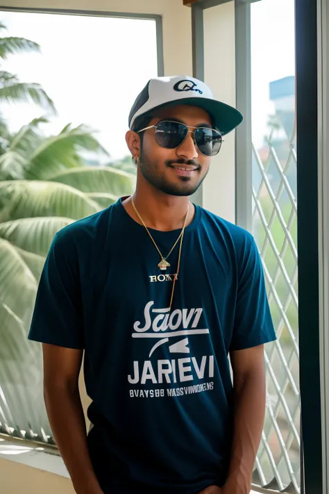 arafed man wearing a hat and sunglasses standing in front of a window, wearing sunglasses and a cap, wearing sunglasses and a hat, jayison devadas style, with sunglass, shot on sony a 7, with a cool pose, taken with canon eos 5 d mark iv, photo taken with ...