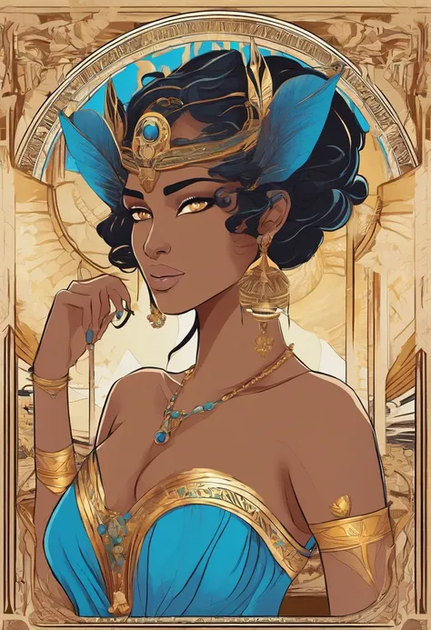 Woman, ((Egyptian)), (chocolate skin), elf, pointy ears, tall, curvy, black hair, short hair, yellow eyes, ((blue dress)), gold jewelry, in the style of Alphonse Mucha