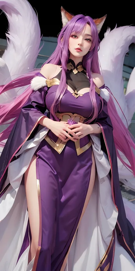 1girl,huge breast, purple hair,ears fox,tail fox, high quality, ultra detailed, masterpiece, realistic