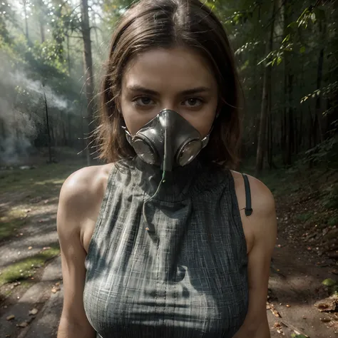 (beste-Qualit, high resolucion, ultra-detailed :1.2), 1 Mature Pretty, Safe Gas Mask Face, Outdoors forest,Smoke Mist, Low-Cut Dress , Illustrations, Couleurs vives, illumination intense, (Shameful dry bump session :1.2)