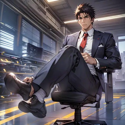 a man in a suit and leather shoes sits in an office chair，feet up，style of anime, malefocus，the feet，tiese，large pecs，big bag，we...