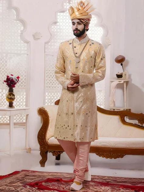 araffe dressed in a traditional indian outfit standing in a room, ornate attire, dressed in a Rajasthani Wedding dress. Anime effect