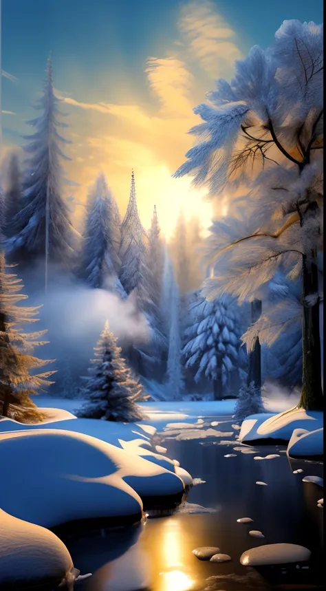 A high resolution，ultra - detailed，offcial art，统一 8k 壁纸，ultra - detailed，Beauty and aesthetics，Master masterpieces，best qualtiy，reality, Winter dawn, The trees are covered with ice crystals, The branches are bent due to squeezing，There was fog in the woods...