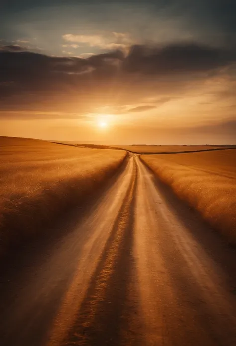 A winding road cutting through a vast golden field during sunset, with long shadows stretching out across the landscape