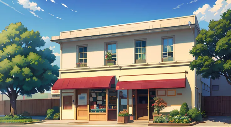 anime scene of a store with a bench and a planter, style of makoto shinkai, studio ghibli sunlight, studio glibly makoto shinkai, lofi artstyle, makoto shinkai. —h 2160, in style of makoto shinkai, ( ( makoto shinkai ) ), anime background art, beautiful an...