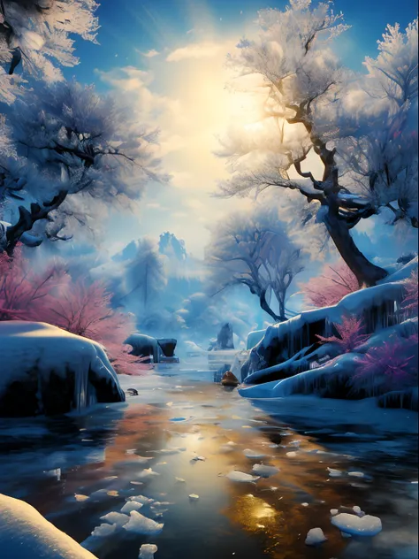 A high resolution，ultra - detailed，offcial art，统一 8k 壁纸，ultra - detailed，Beauty and aesthetics，Master masterpieces，best qualtiy，reality, Winter dawn, The trees are covered with ice crystals, The branches are bent due to squeezing，There was fog in the woods...