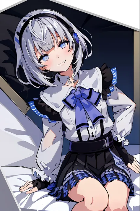 (masutepiece, Best Quality:1.2), From  above, Solo, 1girl in, Vestia3rd(Vestia 3rd), Smile, Looking at Viewer, Lying, on  back, headphones, White shirt, blue bow, Long sleeves, Fingerless gloves, Black skirt, bed