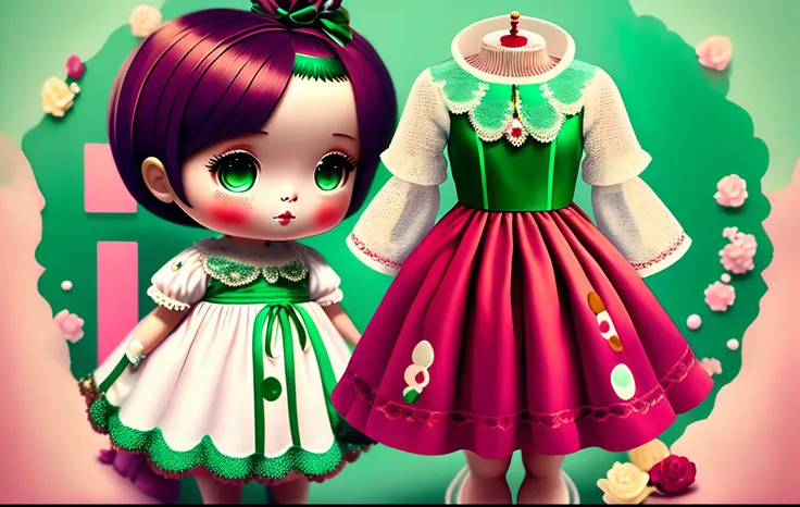 Crie um modelo de vestido infantil com saia xadrez vermelha com verde, with transparent white tulle overlay, com babado de renda, o corpinho na cor verde com avental vermelho com babado na mesma renda da saia, gola no estilo boneca na cor vermelha e mangas...