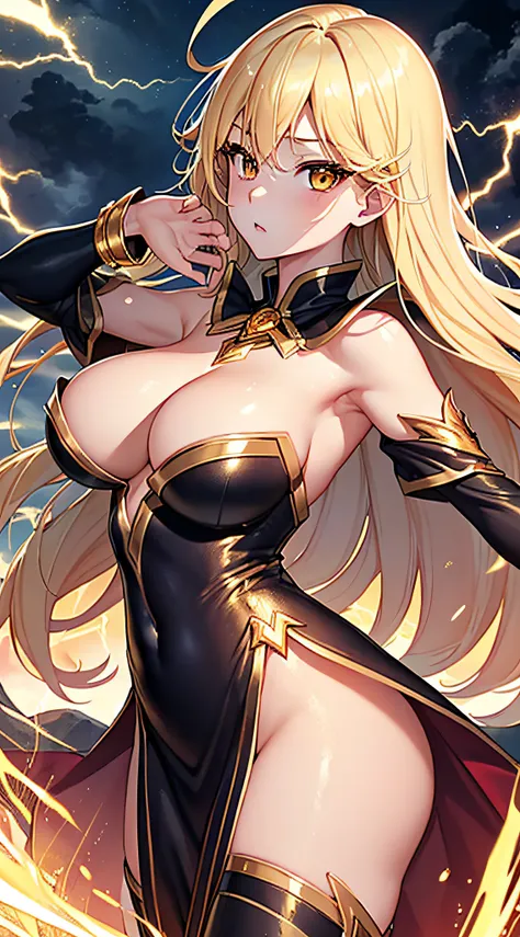 top-quality、Top image quality、​masterpiece、girl with((18year old、Best Bust、big bast、Bust 85,beautiful golden eyes、Breasts wide open,Blonde long hair、A slender、Large valleys、Black and gold dress、Goldcloak,Reflecting the whole body、Open your arms、Gold ring o...