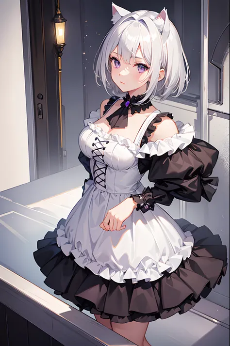 Masterpiece, best quality,1girl, solo, cat ears, short hair, silver hair,White hair, purple eyes,