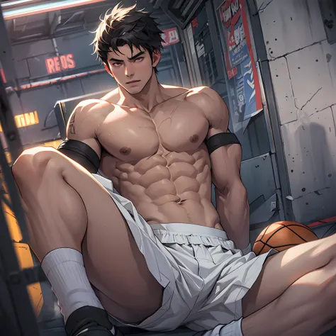 Libido boy，Tong，large pecs，Big bag，Wear white basketball socks，Half recumbent，CG sense，POV perspective，spread their legs，Dark atmosphere，8K,Cinematic lighting effects，Textured skin，best qualtiy，Storytelling images，Storytelling images，dynamic blur，actionpos...