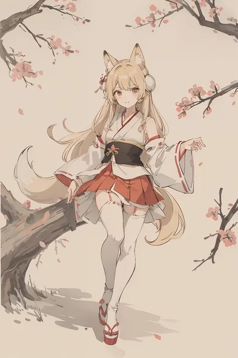 sparrow, a blonde haired girl with fox ears, wearing a white haori, red skirt, white stockings, a Japanese miko. The setting is a temple with cherry trees