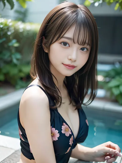 in 8K,Best Quality:1.4, 超A high resolution:1.5, (Photorealistic:1.4),​masterpiece:1.2,(top-quality:1.4)、 Raw photo、 (the background is blurred), in poolside, a japanese girl, Cute, (Solo:1.4), (Shy smile), Smooth skin、Floral Bikini:1.3、 (Brown medium hair,...