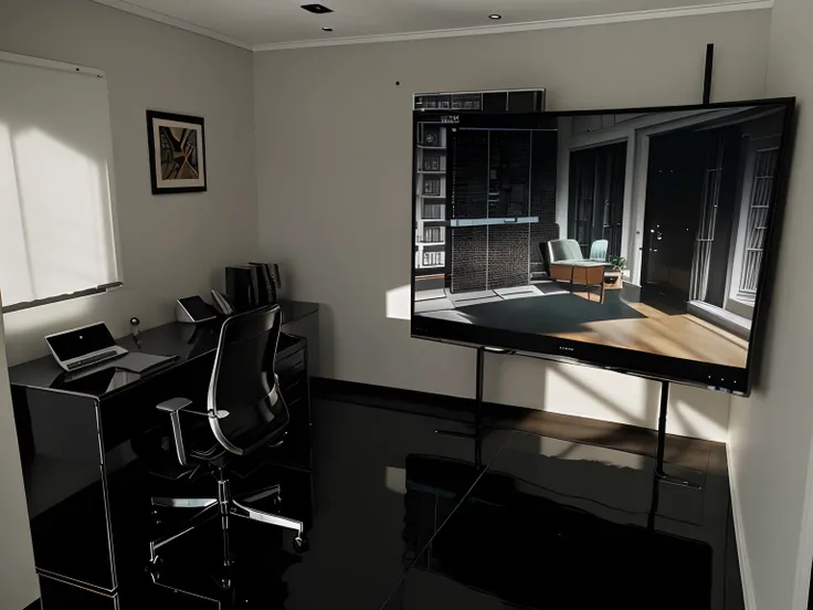 Home office, midcentury, black polished floor, led touch screen on the right, architecture