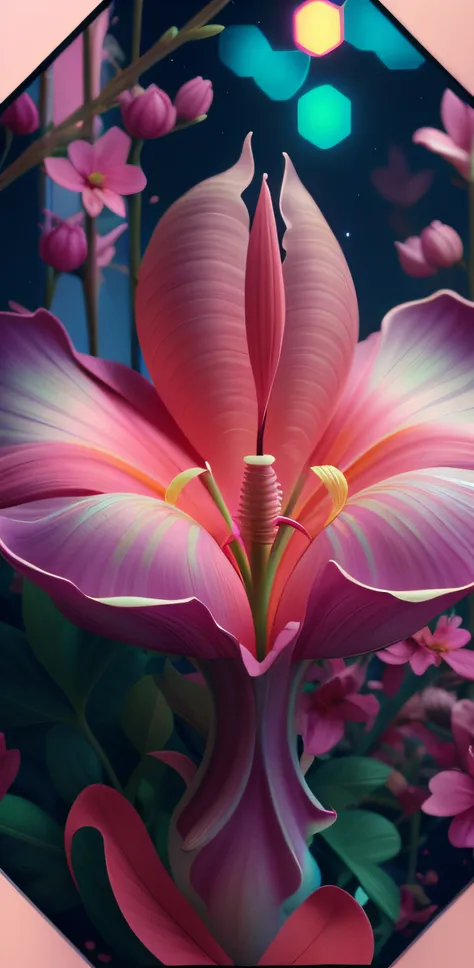 Pink flowers with green background and painting on pink background, 🌺 CGSesociety, beeple. hyper photorealism, beeple art, exotic alien flora, amazing detail digital art, alien flowers, ultradetailed digital painting, Exquisite digital illustration, cervix...