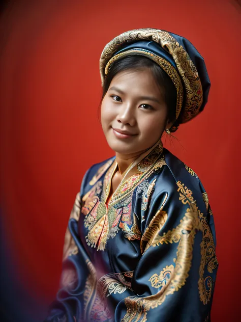 highly realistic photo, portrait photo of a 30-year-old vietnamese woman, (vietnamese hmong national costume, brocade head scarf...