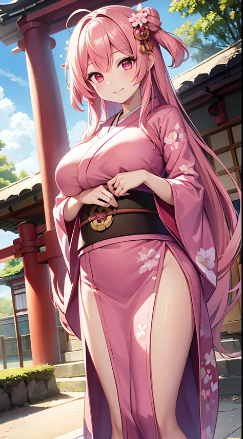 1 girl, game CG, pink kimono, hair ornament, gigantic breasts, pink hair, long hair, straight hair, ahoge, pink eyes, smile, Japanese shrine, dynamic,