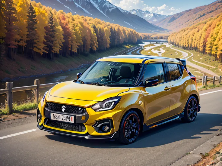 超A high resolution、An ultra-high picture quality、8K、Detailed details、marvelous expression、Late autumn valley、Beautiful autumn leaves、One car travels on a mountain road built along the mountain、((Suzuki Swift Sport in yellow 2023))