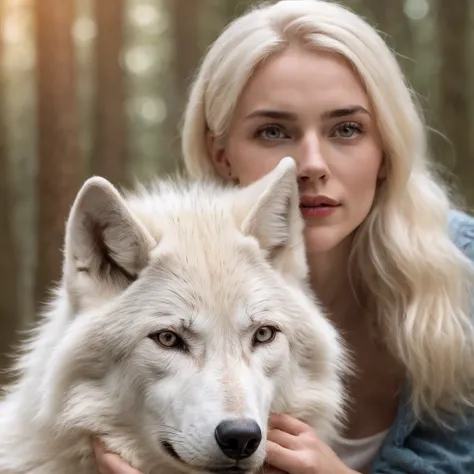 a blonde young european woman friendly and intimate with a white wolf, close up, ultra realistic,