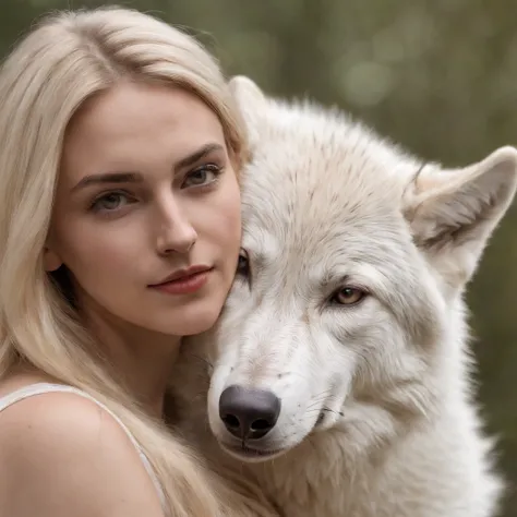 a blonde young european woman friendly and intimate with a white wolf, close up, ultra realistic,