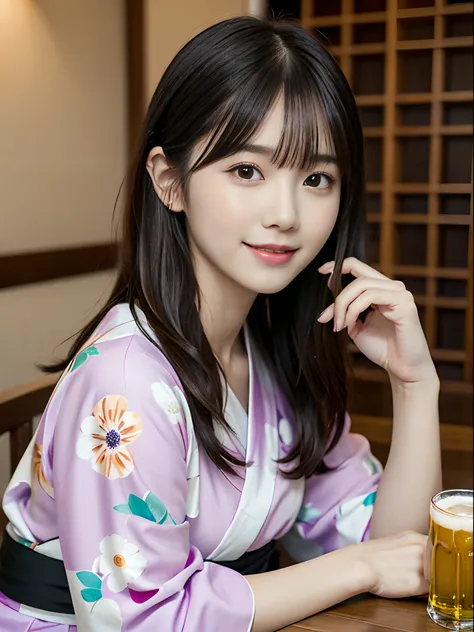 (Close up portrait of cute slender small breasts girl and long hair with dull bangs:1.5)、(Smiling girl wearing colorful yukata and holding glass of beer :1.3)、(Japanese style room:1.2)、(tre anatomically correct:1.3)、(complete hands:1.3)、(complete fingers:1...