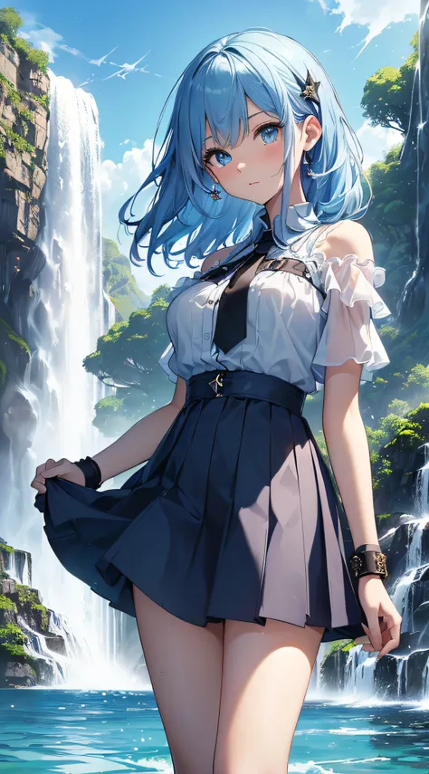 top-quality、Top image quality、​masterpiece、girl with((18year old、Best Bust、Bust 85,Beautiful blue eyes、Breasts wide open,Short, sheer light blue hair、A slender、Large valleys、Light blue and black Y-shirt,Dark blue short skirt、Reflecting the whole body、Black...