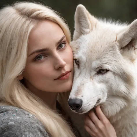 a blonde young european woman friendly and intimate with a white wolf, close up, ultra realistic,