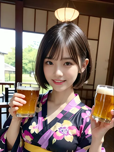 (Close up portrait of cute slender small breasts girl and short hair with dull bangs:1.5)、(Smiling girl wearing colorful yukata and holding glass of beer :1.3)、(Japanese style room:1.2)、(tre anatomically correct:1.3)、(complete hands:1.3)、(complete fingers:...