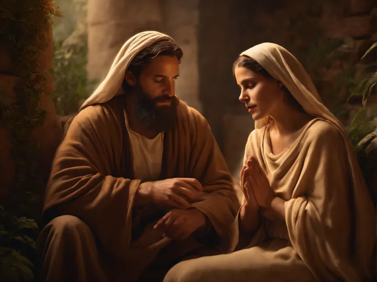 "Por favor, create a hyper-realistic photographic image that depicts the scene of Mary and Joseph thanking God,  semblante em seu rosto transmite felicidade e alegria , display expressions of curiosity and contentment. The photography is extremely realisti...