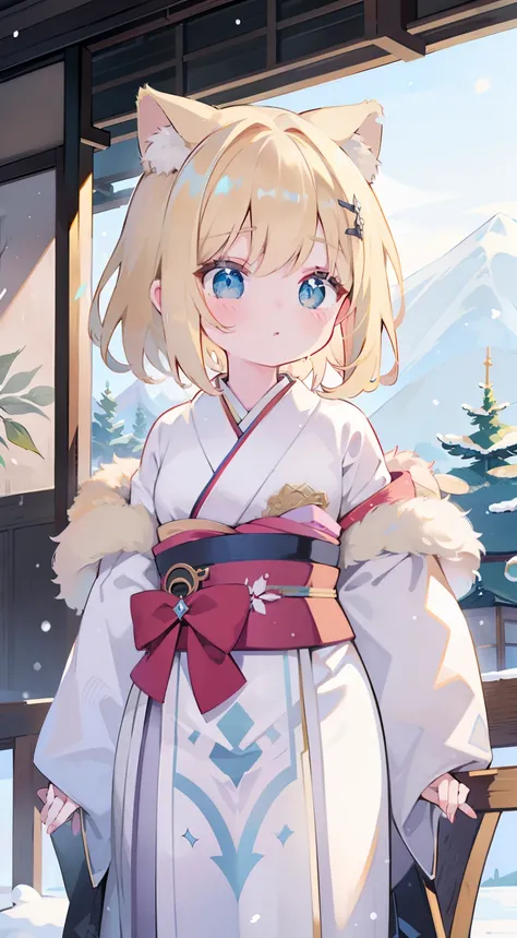 One girl、a blond、Lori、cute little、small tits、Elven ears、​masterpiece、top-quality、Top image quality,snowscape,Hakama,kimono,furr,