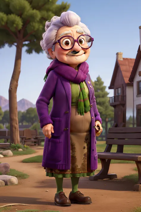 masterpiece, best quality, an old woman with glasses and a scarf on, wearing a purple coat and green scarf, standing at the park