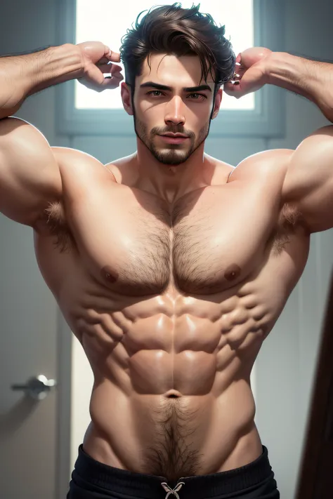 Las proporciones del cuerpo son perfectas，in a panoramic view，El personaje mira hacia adelante，Sin fotos laterales，Focus on the hand，Hand optimization，Enfocar las manos，Adolable，（Abs：1.3)，large chest muscles，Las extremidades son musculosas，Muscle lines are...