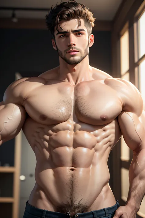 Las proporciones del cuerpo son perfectas，in a panoramic view，El personaje mira hacia adelante，Sin fotos laterales，Focus on the hand，Hand optimization，Enfocar las manos，Adolable，（Abs：1.3)，large chest muscles，Las extremidades son musculosas，Muscle lines are...