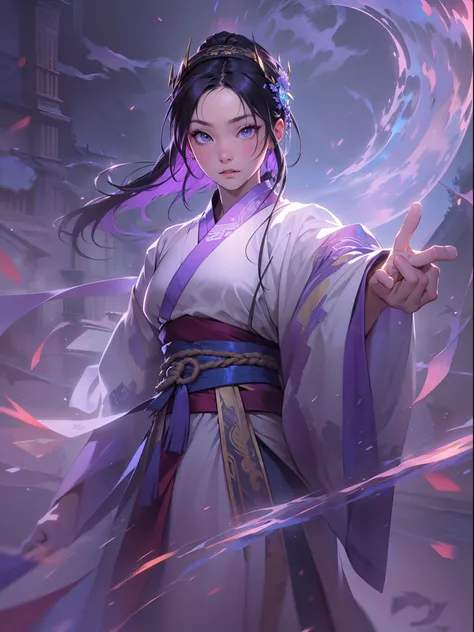 A handsome Chinese girl, sharp eyes, clear facial features, wearing Hanfu, combat posture, martial arts movements, body surrounded by purple mist, runes around, holographic reality, holographic halo, motion blur, game light effects, edge light, soft light,...