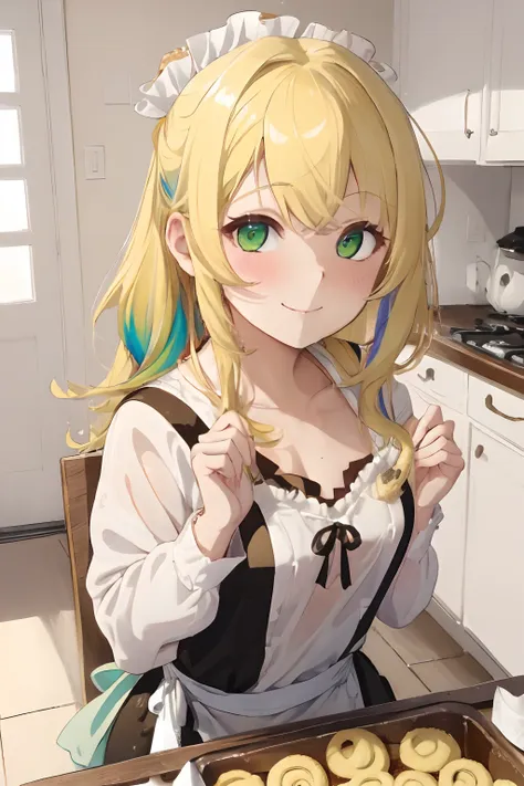 wide々and kitchen room,ruffled apron,luxurious clothes with a wide open chest,wavy blonde,yellow-green eyes,red tide,stick your f...