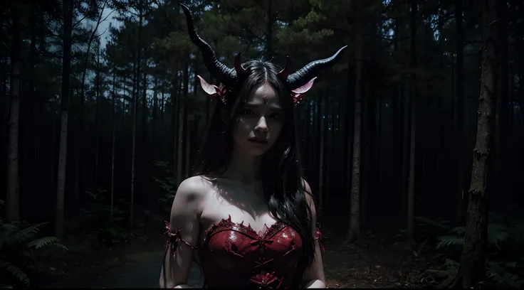 demon woman with horns in a dark forest at night during a satanic ritual, creepy forest, satanic ritual, pagan ritual, pagan goddess, ultra detailed, photorealistic, masterpiece.